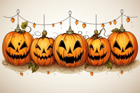 Halloween pumpkins and garland on light background. Vector illustration with AI-Generated Imagesの素材