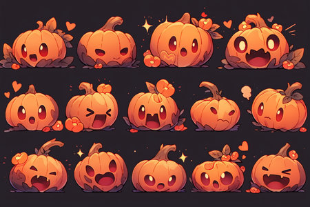 Cartoon Halloween pumpkins with different emotions. Vector illustration set with AI-Generated Imagesの素材