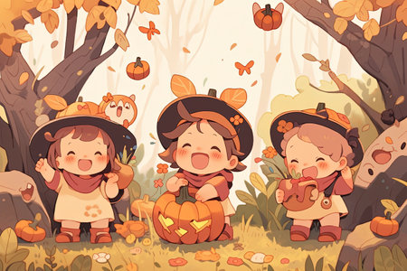 Happy Halloween. Cute children in the autumn forest. Vector illustration with AI-Generated Imagesの素材