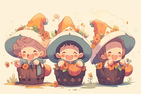 Cute gnomes in garden. Vector illustration. Cartoon style with AI-Generated Imagesの素材