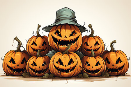 Halloween pumpkins with scary faces and hat. Vector illustration with AI-Generated Imagesの素材