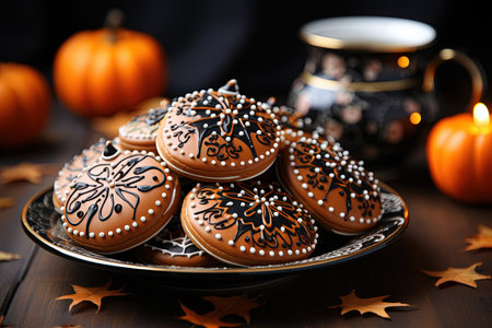 Pumpkin cookies with chocolate glaze on a plate on a wooden table with AI-Generated Imagesの素材