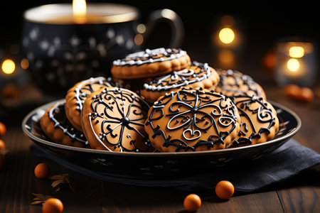Plate with tasty Halloween cookies on wooden table, closeup. Space for text with AI-Generated Imagesの素材