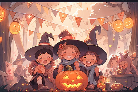 Happy Halloween. Cute children in witch costume and hat on the background of Halloween decorations. Vector illustration with AI-Generated Imagesの素材