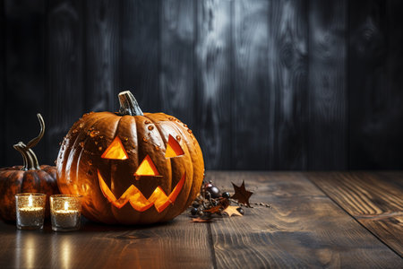 Halloween pumpkins on dark wooden background. Copy space for text with AI-Generated Imagesの素材