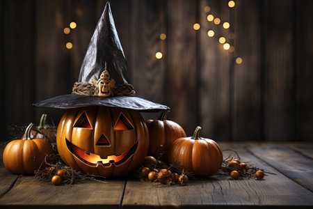 Halloween pumpkins with witch hat on wooden background, copy space with AI-Generated Imagesの素材