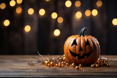 Halloween pumpkin on wooden background with bokeh lights, copy space with AI-Generated Imagesの素材