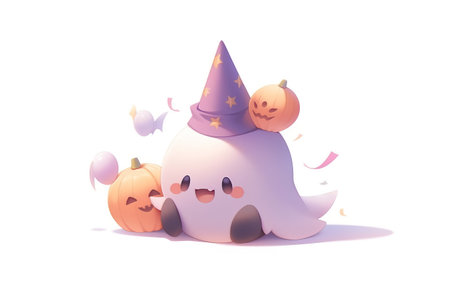 Halloween ghost and pumpkin on a white background. Vector illustration with AI-Generated Imagesの素材