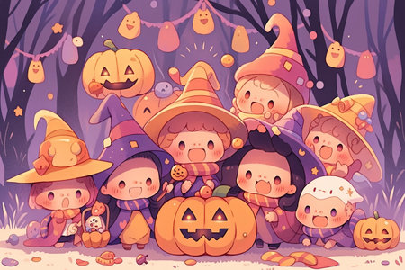 Halloween background with cute children in witch costume. Vector illustration with AI-Generated Imagesの素材