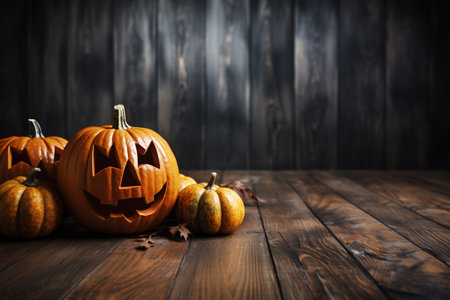 Halloween pumpkins on wooden background. Copy space for your text with AI-Generated Imagesの素材