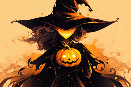 Halloween illustration of witch with pumpkins in her hands. Vector illustration with AI-Generated Imagesの素材