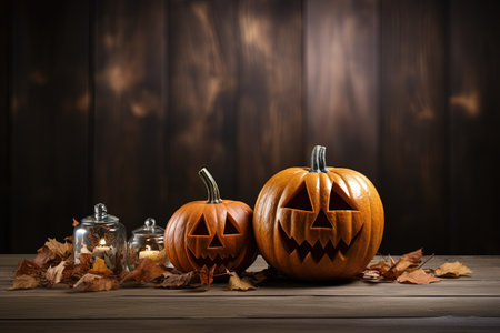Halloween pumpkins on a wooden background with autumn leaves and candles with AI-Generated Imagesの素材
