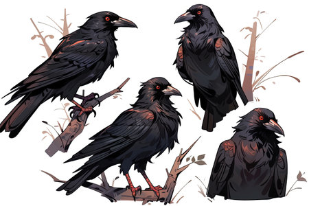 Set of black ravens. Isolated on white background. Vector illustration with AI-Generated Imagesの素材