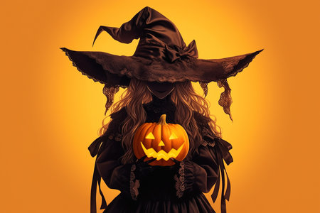 Beautiful young woman in a witch costume with a pumpkin on a yellow background with AI-Generated Imagesの素材