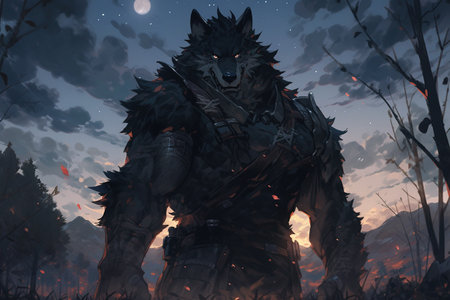 Illustration of a wolf in the forest at night with a full moon with AI-Generated Imagesの素材