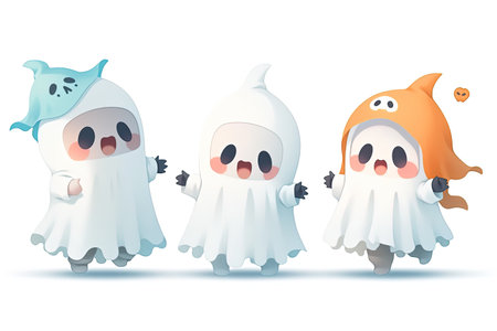 Cute cartoon ghosts on a white background. Halloween vector illustration with AI-Generated Imagesの素材