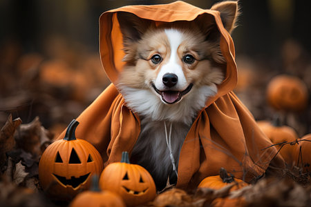 Cute Welsh Corgi Pembroke dog in a Halloween costume with pumpkins in the forest with AI-Generated Imagesの素材