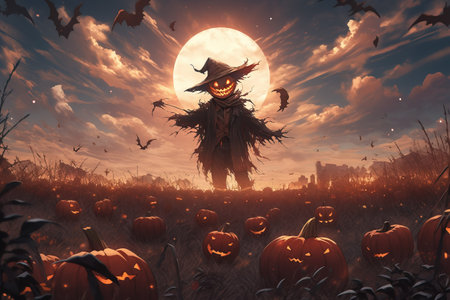 Halloween background with pumpkins and witch on the background of the full moon with AI-Generated Imagesの素材
