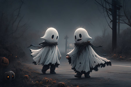 Halloween scene with two ghosts in the fog, 3d illustration with AI-Generated Imagesの素材