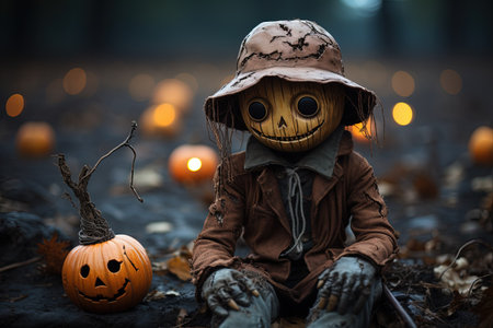 Halloween concept. Little boy in witch costume and hat sitting on the ground with pumpkins at night with AI-Generated Imagesの素材