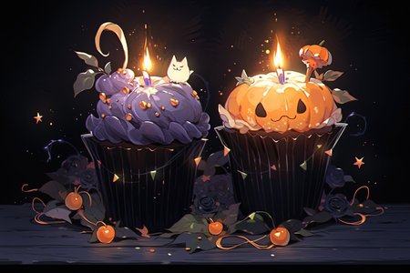Halloween cupcakes with candles and pumpkins, vector illustration with AI-Generated Imagesの素材