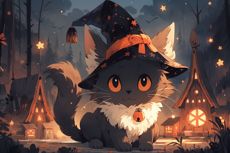 Cute cartoon cat in a witch's hat. Halloween illustration with AI-Generated Imagesの素材