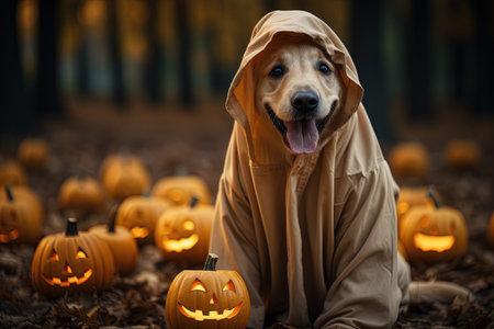 Halloween theme: dog in the raincoat with pumpkins in the forest with AI-Generated Imagesの素材
