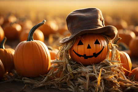 Halloween pumpkin head jack o lantern with hat and straw on field with AI-Generated Imagesの素材