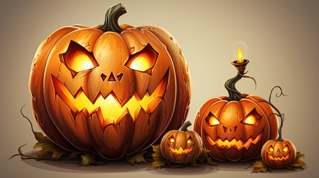 Halloween pumpkins with candles and autumn leaves. Vector illustration with AI-Generated Imagesの素材
