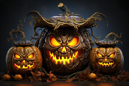 Halloween pumpkins on black background. 3d illustration. Halloween concept with AI-Generated Imagesの素材