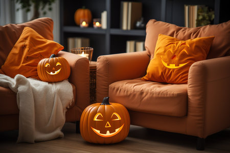 Comfortable sofa with carved halloween pumpkin on floor in room with AI-Generated Imagesの素材