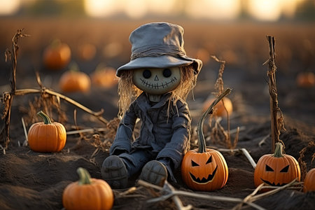 Scarecrow sitting on a pumpkin field. Halloween concept. Selective focus with AI-Generated Imagesの素材