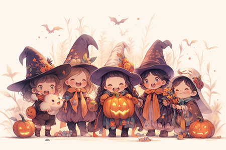Happy Halloween. Cute little witches with pumpkins. Vector illustration with AI-Generated Imagesの素材