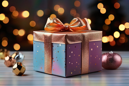 Gift box with bow on table against bokeh lights background with AI-Generated Imagesの素材
