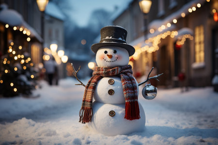 Snowman in a hat and scarf on the background of a Christmas street with AI-Generated Imagesの素材