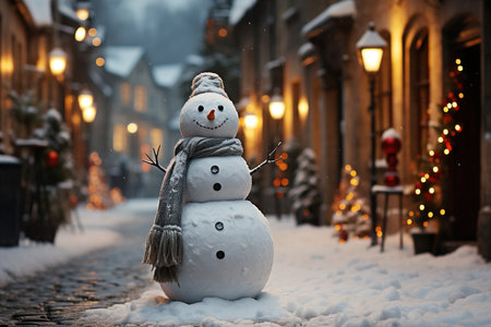 Snowman on a snowy street in the old town. Christmas and New Year concept with AI-Generated Imagesの素材