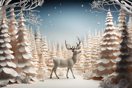 3d render of reindeer in winter forest with snowflakes with AI-Generated Imagesの素材
