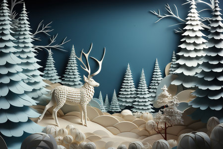 Christmas background with reindeer and winter forest. 3d render with AI-Generated Imagesの素材