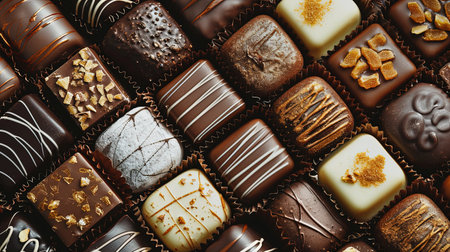 Assorted chocolates. Chocolate candies background. Top view.の素材