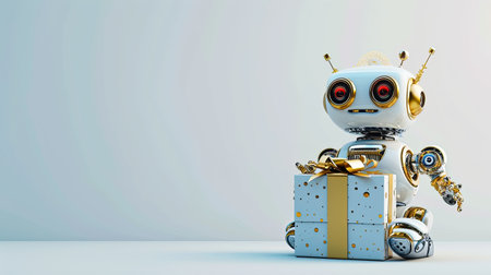 3d rendering robot with gift box on white background with space for textの素材