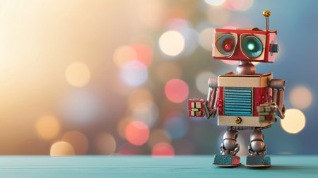 vintage robot toy on bokeh background, 3d illustrationの素材