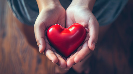 Red heart in woman hands on a wooden background. Love concept.の素材
