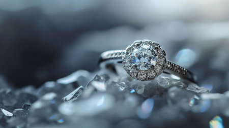 Jewelry diamond ring on a pile of diamonds. Jewelry backgroundの素材