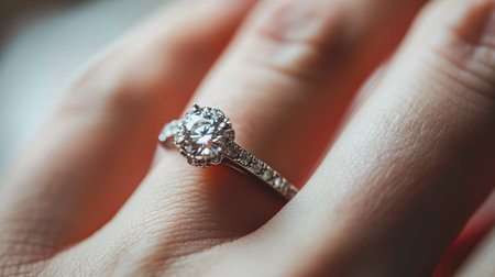 Diamond ring in the hands of a young woman close-up.の素材