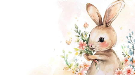 Easter bunny with flowers. Watercolor illustration. Spring background.の素材