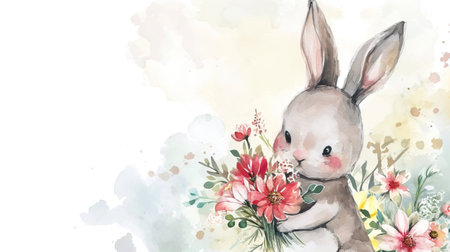 Cute watercolor Easter bunny with flowers. Watercolor illustration.の素材