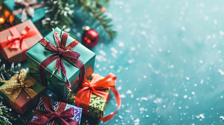 Christmas background with decorations and gift boxes. New Year. Selective focus Holidayの素材