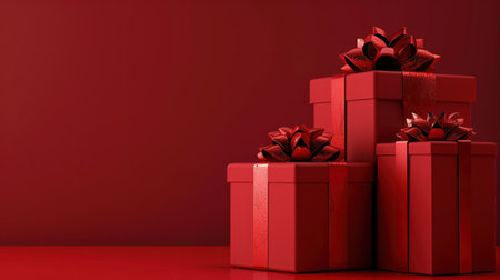 Red gift boxes with bows on a red background. 3d renderingの素材