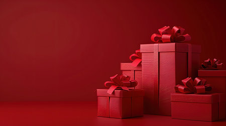 Red gift boxes with ribbons on red background. 3D renderingの素材
