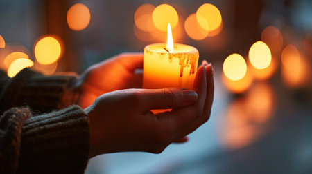 Female hands holding burning candle on blurred background with bokeh effectの素材